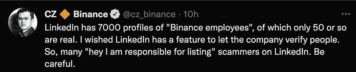 幣安創始人 CZ 曾發推特提醒 LinkedIn 上 7000 名幣安員工中，只有 50 名是真的。