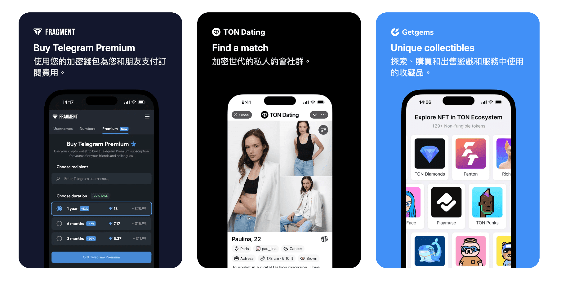 TON 生態應用：Fragment、TON Dating、Getgems
