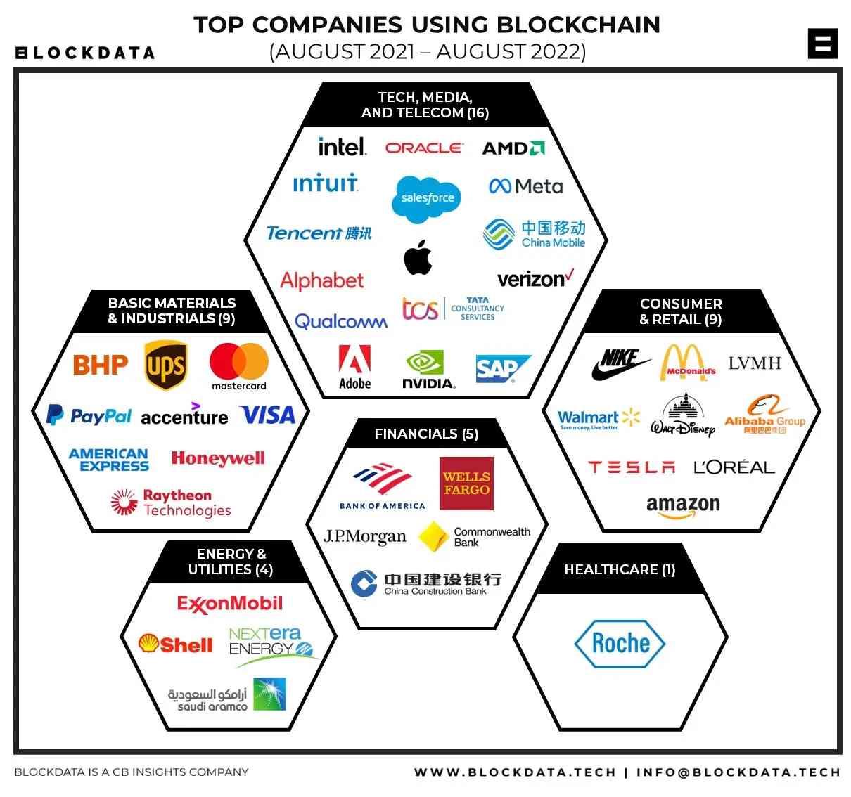 使用區塊鏈技術的頂級公司 圖片來源：Blockdata