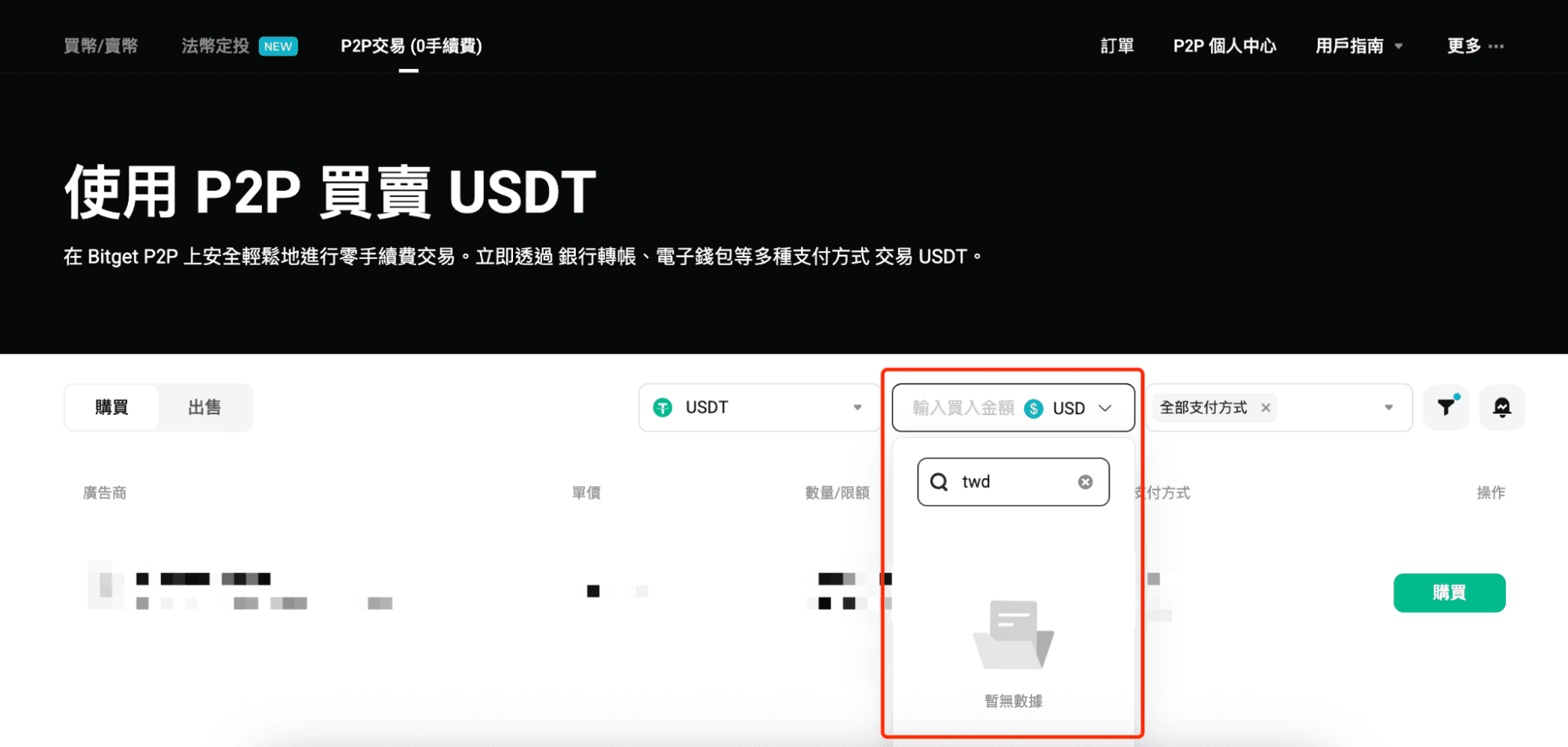 Bitget P2P 功能目前不支持台幣